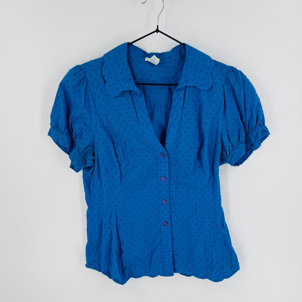 Odille Anthropologie Blue Swiss Dot Puff Sleeve Size 12 Blue Scallop Coquette